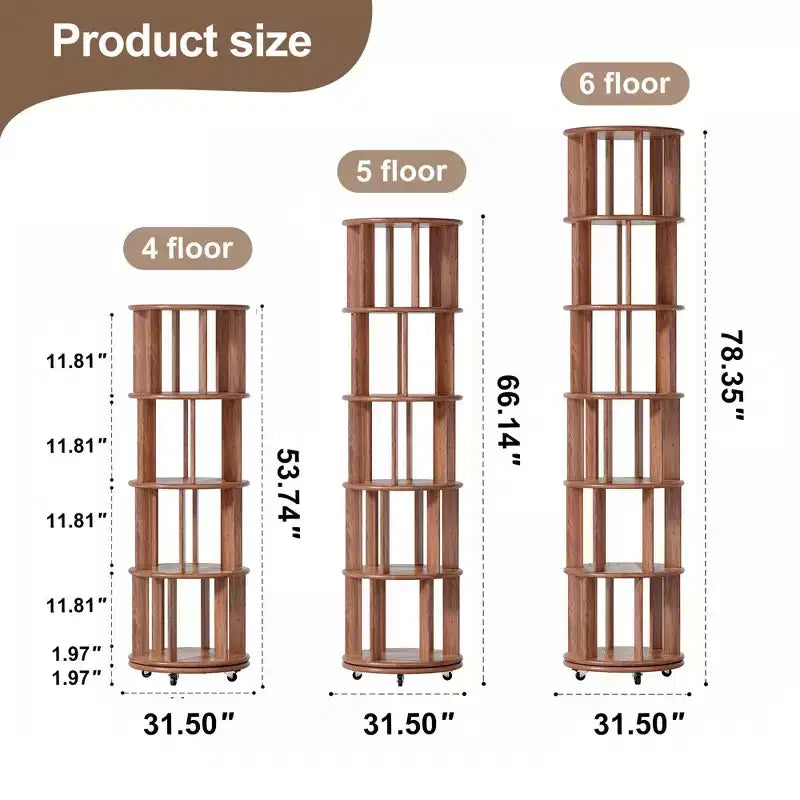 Libreria Girevole a 360° con Ruote, Scaffale Stretto a 5 Livelli in Legno Massello, Vetrina, Noce
