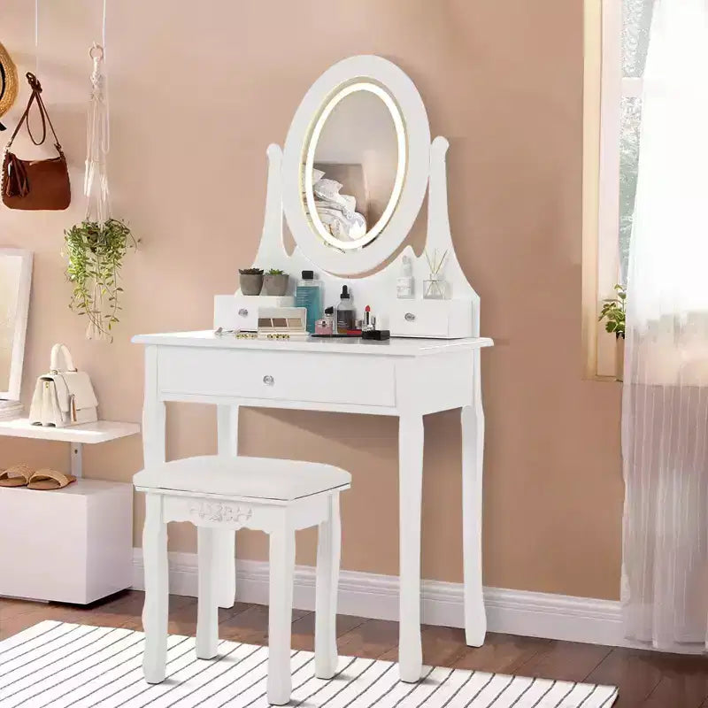 TROPOW Vanity Table with Mirror C White Makeup Dressing Desk with Stool, 3 Drawers for Bedroom