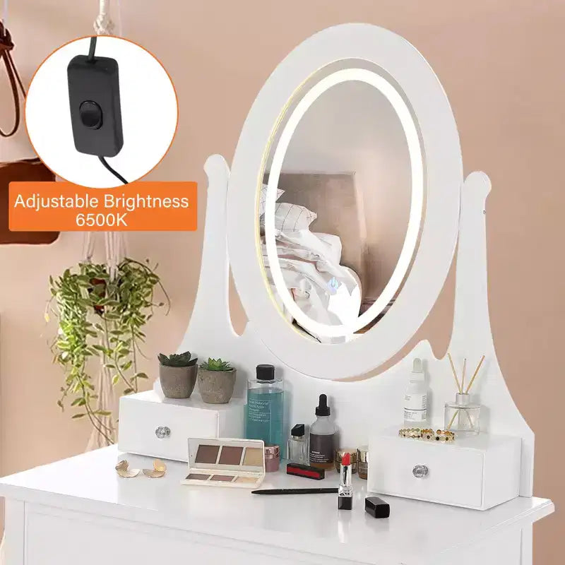Toeletta TROPOW con specchio C bianco, tavolo da trucco con sgabello e 3 cassetti per la camera da letto
