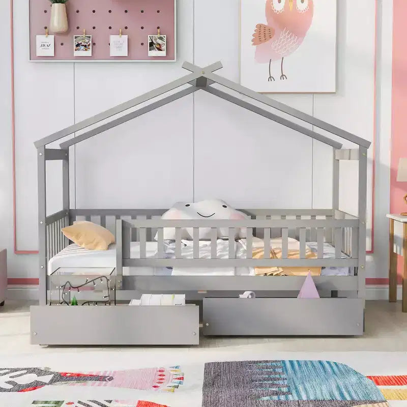 Struttura letto a casetta a una piazza con due cassetti e sponde di protezione, letto a piattaforma in legno per bambini, Grigio