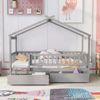 Struttura letto a casetta a una piazza con due cassetti e sponde di protezione, letto a piattaforma in legno per bambini, Grigio