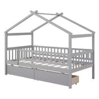 Struttura letto a casetta a una piazza con due cassetti e sponde di protezione, letto a piattaforma in legno per bambini, Grigio