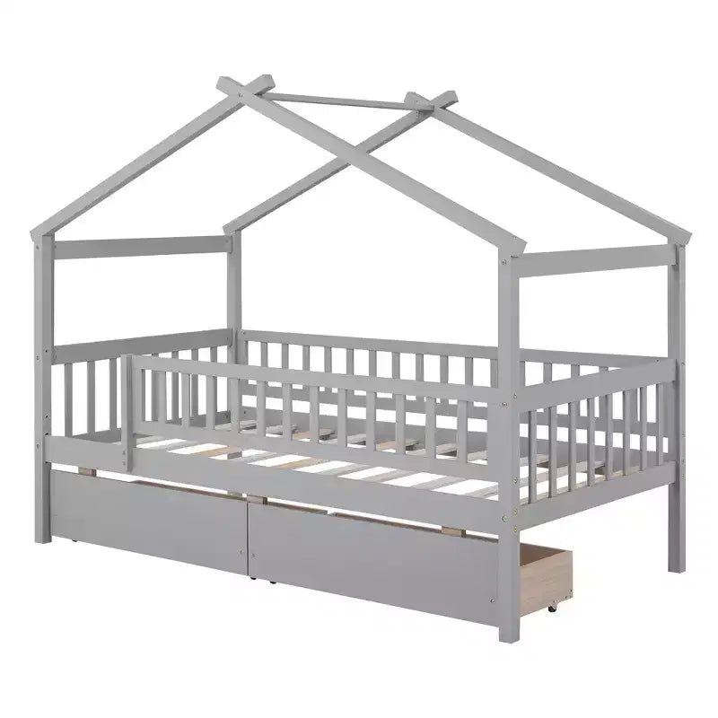 Struttura letto a casetta a una piazza con due cassetti e sponde di protezione, letto a piattaforma in legno per bambini, Grigio
