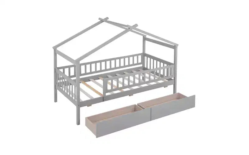 Struttura letto a casetta a una piazza con due cassetti e sponde di protezione, letto a piattaforma in legno per bambini, Grigio