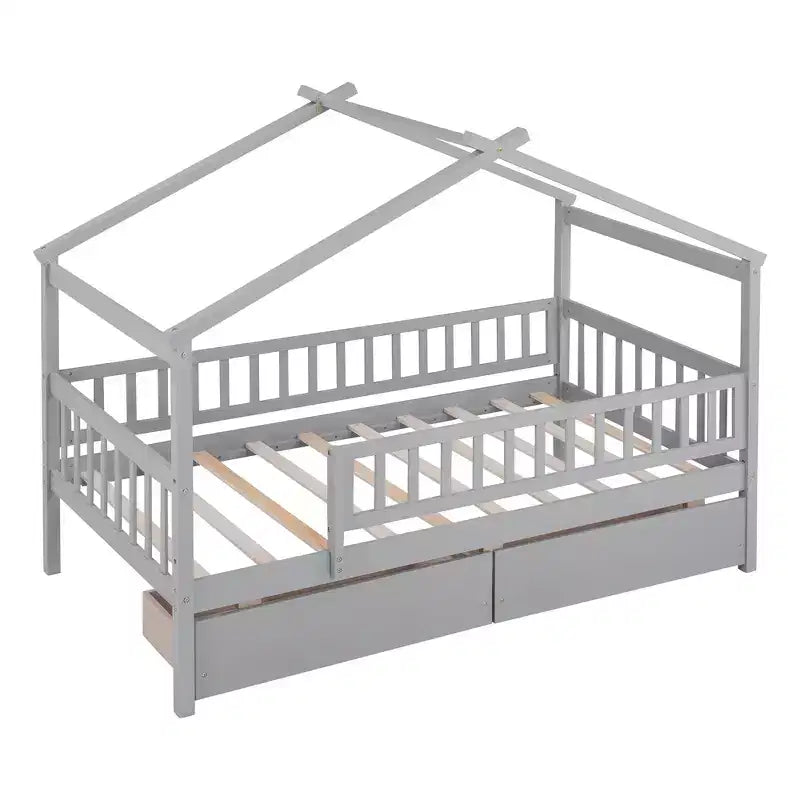 Struttura letto a casetta a una piazza con due cassetti e sponde di protezione, letto a piattaforma in legno per bambini, Grigio