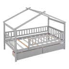 Struttura letto a casetta a una piazza con due cassetti e sponde di protezione, letto a piattaforma in legno per bambini, Grigio