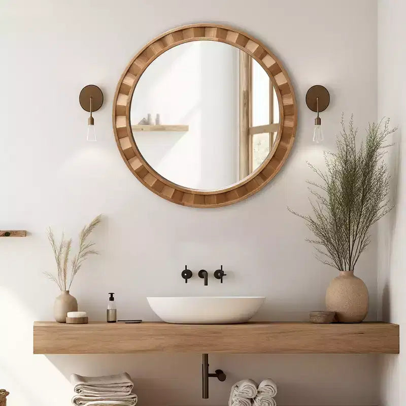 Specchio da parete rotondo da 71 cm, cornice in legno naturale, decorazione rustica in legno, marrone