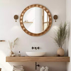 Specchio da parete rotondo da 71 cm, cornice in legno naturale, decorazione rustica in legno, marrone