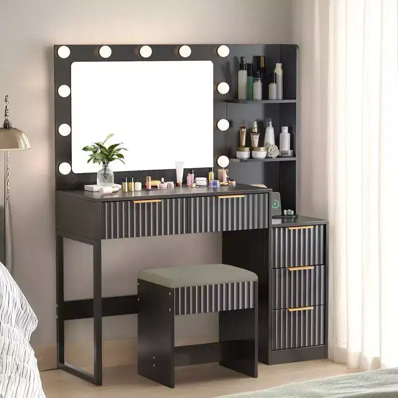 Witte spaanplaat met fineer van gestructureerde melamine, 5 laden, plank met 2 niveaus, inclusief 11 dimbare lampen in drie kleuren, kaptafelset
