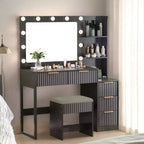 Witte spaanplaat met fineer van gestructureerde melamine, 5 laden, plank met 2 niveaus, inclusief 11 dimbare lampen in drie kleuren, kaptafelset