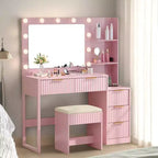 Witte spaanplaat met fineer van gestructureerde melamine, 5 laden, plank met 2 niveaus, inclusief 11 dimbare lampen in drie kleuren, kaptafelset