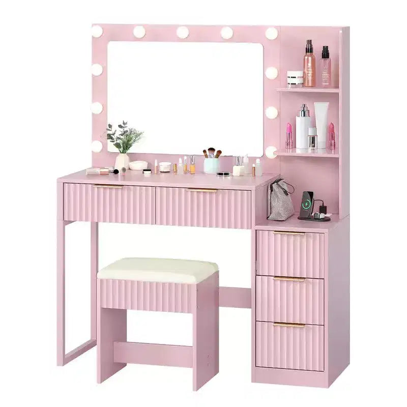 Witte spaanplaat met fineer van gestructureerde melamine, 5 laden, plank met 2 niveaus, inclusief 11 dimbare lampen in drie kleuren, kaptafelset