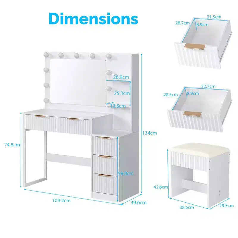 Witte spaanplaat met fineer van gestructureerde melamine, 5 laden, plank met 2 niveaus, inclusief 11 dimbare lampen in drie kleuren, kaptafelset