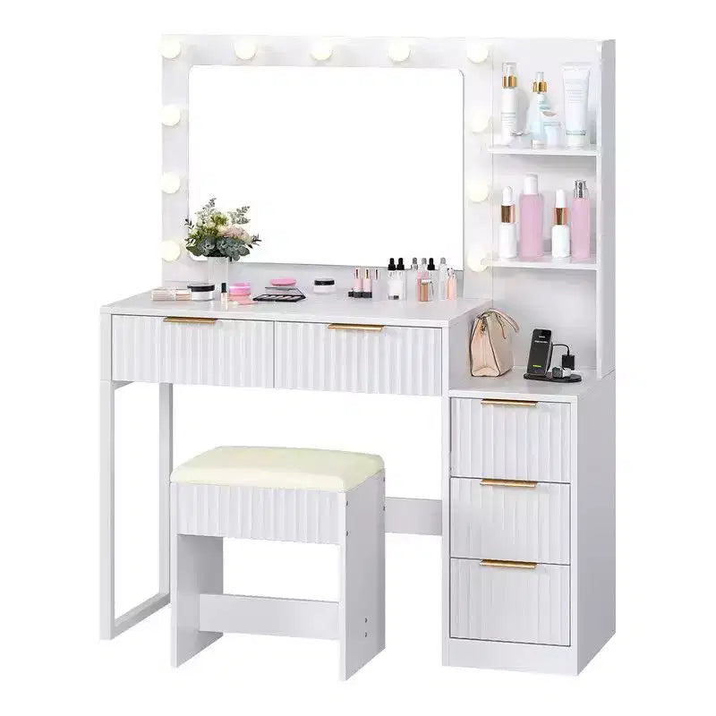 Witte spaanplaat met fineer van gestructureerde melamine, 5 laden, plank met 2 niveaus, inclusief 11 dimbare lampen in drie kleuren, kaptafelset