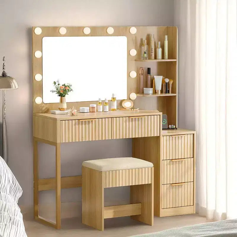 Witte spaanplaat met fineer van gestructureerde melamine, 5 laden, plank met 2 niveaus, inclusief 11 dimbare lampen in drie kleuren, kaptafelset