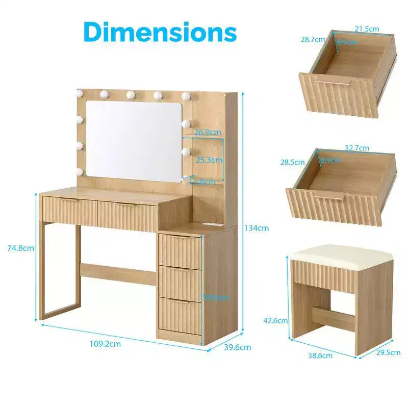 Witte spaanplaat met fineer van gestructureerde melamine, 5 laden, plank met 2 niveaus, inclusief 11 dimbare lampen in drie kleuren, kaptafelset