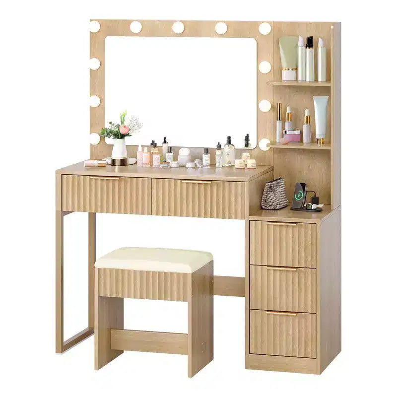 Witte spaanplaat met fineer van gestructureerde melamine, 5 laden, plank met 2 niveaus, inclusief 11 dimbare lampen in drie kleuren, kaptafelset