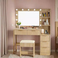 Witte spaanplaat met fineer van gestructureerde melamine, 5 laden, plank met 2 niveaus, inclusief 11 dimbare lampen in drie kleuren, kaptafelset