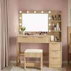 Witte spaanplaat met fineer van gestructureerde melamine, 5 laden, plank met 2 niveaus, inclusief 11 dimbare lampen in drie kleuren, kaptafelset