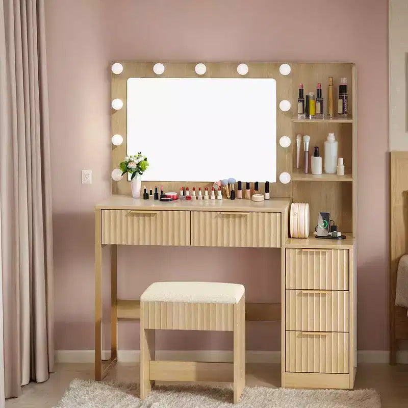 Witte spaanplaat met fineer van gestructureerde melamine, 5 laden, plank met 2 niveaus, inclusief 11 dimbare lampen in drie kleuren, kaptafelset