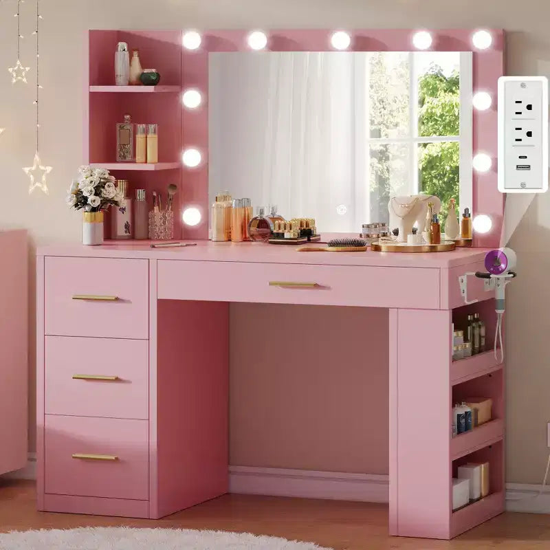 Pink Vanity Desk With Large Lighted Mirror 11 Lights Makeup Vanity Table With 4 Drawers & 3 Storage Shelves