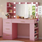Pink Vanity Desk With Large Lighted Mirror 11 Lights Makeup Vanity Table With 4 Drawers & 3 Storage Shelves