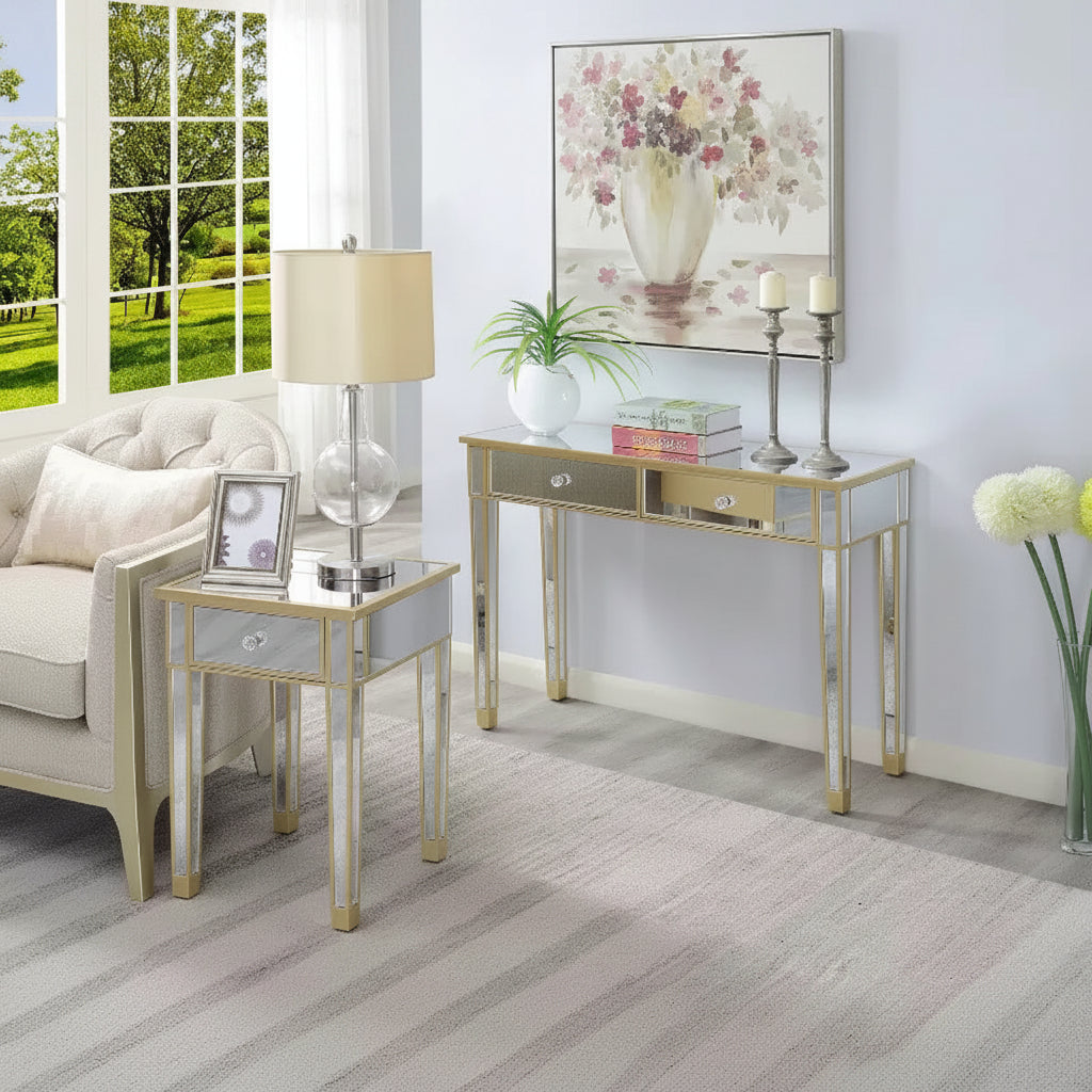 HomeStock Belmont Mirrored End Table with Drawer and Faux Crystal Knob, Elegant Accent Table with Fir Wood Base and Concealed Storage