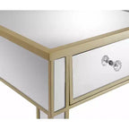 Tavolino finale a specchio con cassetto e pomello in finto cristallo, elegante tavolino d'accento con base in legno di abete