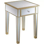 Tavolino finale a specchio con cassetto e pomello in finto cristallo, elegante tavolino d'accento con base in legno di abete