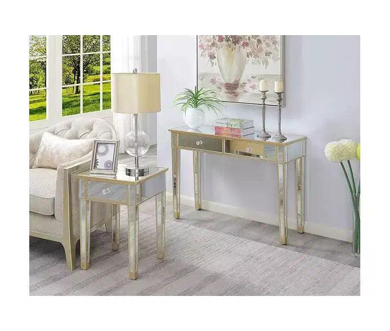 Tavolino finale a specchio con cassetto e pomello in finto cristallo, elegante tavolino d'accento con base in legno di abete