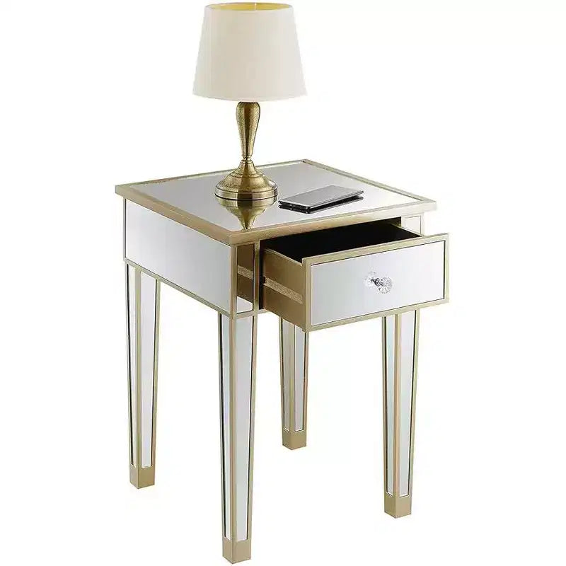Tavolino finale a specchio con cassetto e pomello in finto cristallo, elegante tavolino d'accento con base in legno di abete