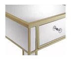Tavolino finale a specchio con cassetto e pomello in finto cristallo, elegante tavolino d'accento con base in legno di abete