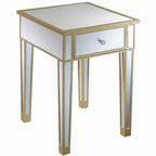 Tavolino finale a specchio con cassetto e pomello in finto cristallo, elegante tavolino d'accento con base in legno di abete