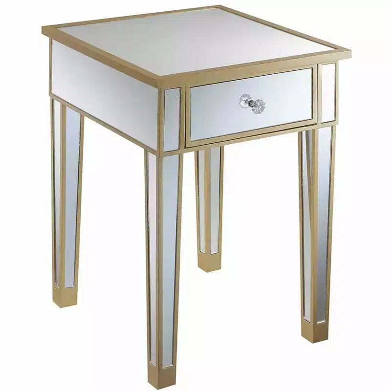 Tavolino finale a specchio con cassetto e pomello in finto cristallo, elegante tavolino d'accento con base in legno di abete