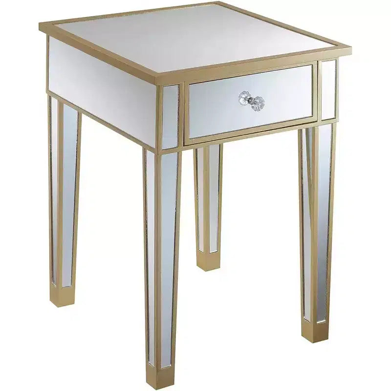 Tavolino finale a specchio con cassetto e pomello in finto cristallo, elegante tavolino d'accento con base in legno di abete