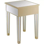 Tavolino finale a specchio con cassetto e pomello in finto cristallo, elegante tavolino d'accento con base in legno di abete
