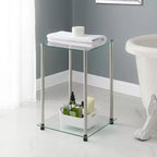 HomeStock Belmont Glass 2 Tier Square End Table, Modern Accent Side Table with Tempered Glass Shelves and Stainless Steel Frame