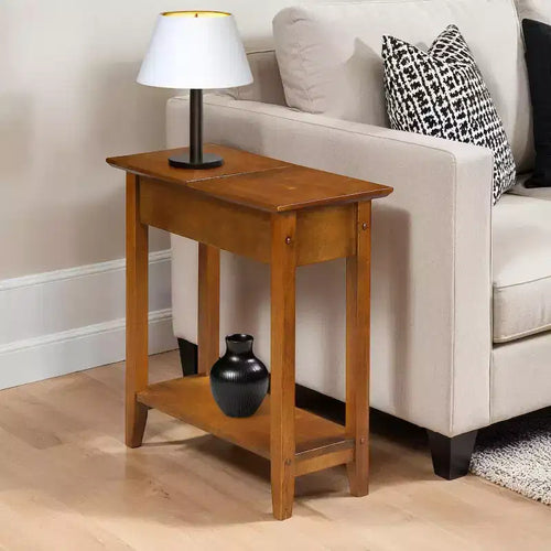 HomeStock Belmont Narrow Wedge End Table with Open Shelf, Beveled Edges and Tapered Legs Perfect Between Chairs or Small Spaces