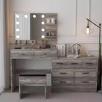 Retro Grey Particle Board with Textured Melamine Finish, 9-Drawer, 2-Tier Shelf, 1-Desktop Storage Dressing Table Set