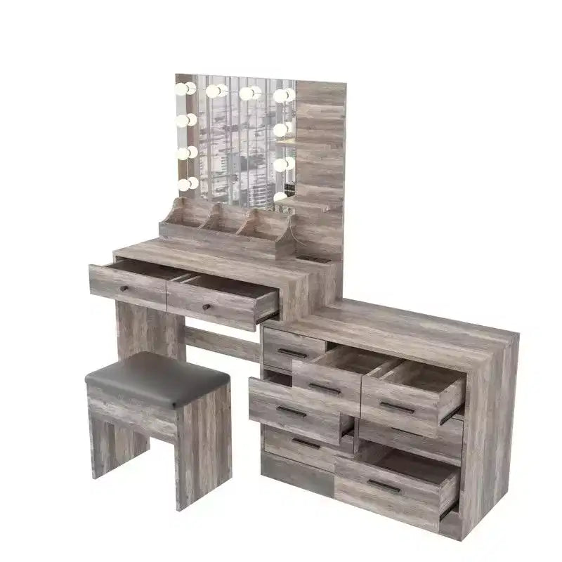Set da toeletta vintage grigio in pannello di particelle con finitura in melammina goffrata, 9 cassetti e ripiano a 2 livelli, con spazio portaoggetti sul piano