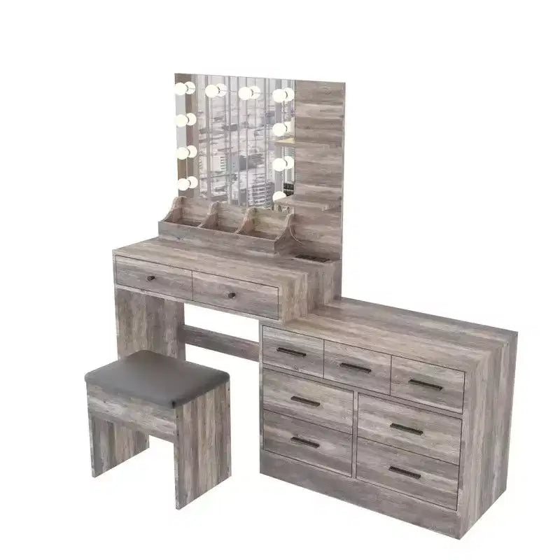 Set da toeletta vintage grigio in pannello di particelle con finitura in melammina goffrata, 9 cassetti e ripiano a 2 livelli, con spazio portaoggetti sul piano