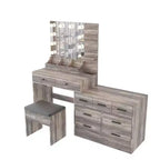 Set da toeletta vintage grigio in pannello di particelle con finitura in melammina goffrata, 9 cassetti e ripiano a 2 livelli, con spazio portaoggetti sul piano