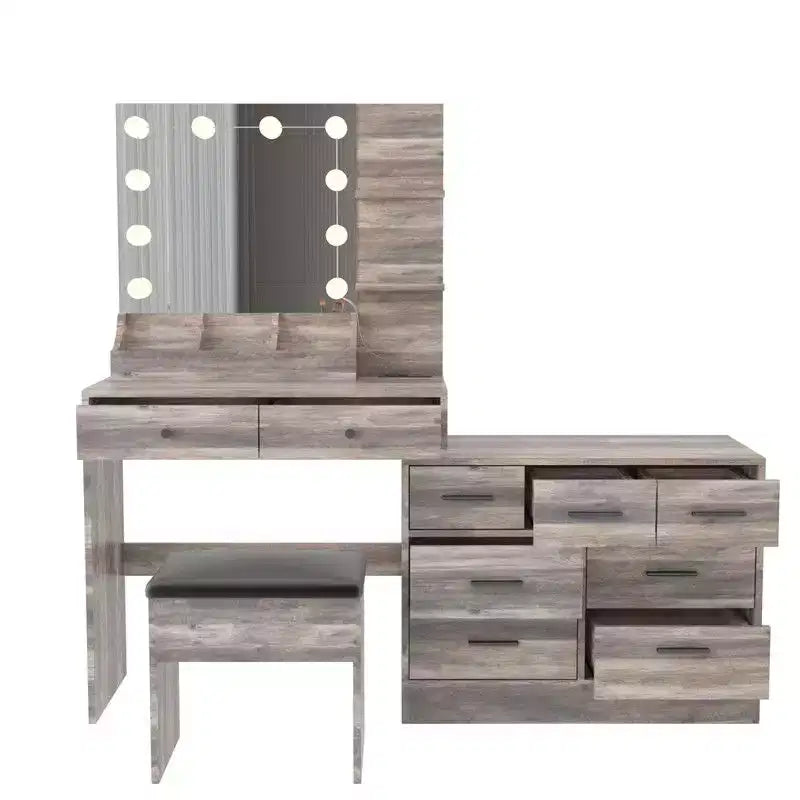 Set da toeletta vintage grigio in pannello di particelle con finitura in melammina goffrata, 9 cassetti e ripiano a 2 livelli, con spazio portaoggetti sul piano