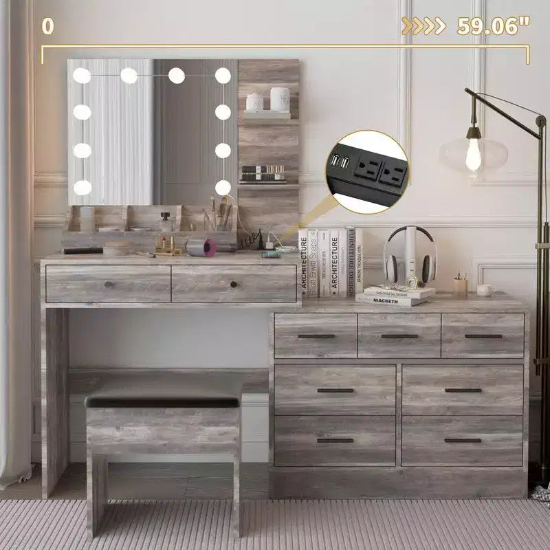 Set da toeletta vintage grigio in pannello di particelle con finitura in melammina goffrata, 9 cassetti e ripiano a 2 livelli, con spazio portaoggetti sul piano