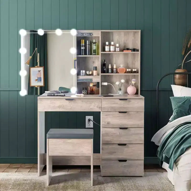 Gray Particle Board Melamine-Laminated 6-Drawer 2-Shelf Dressing Table Set