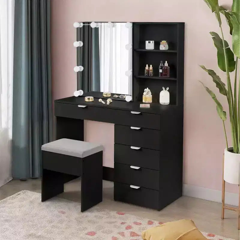 Black Particle Board Laminated with Textured Melamine Mirror Cabinet with 7 Drawers, 2 Shelves, and Dressing Table Set
