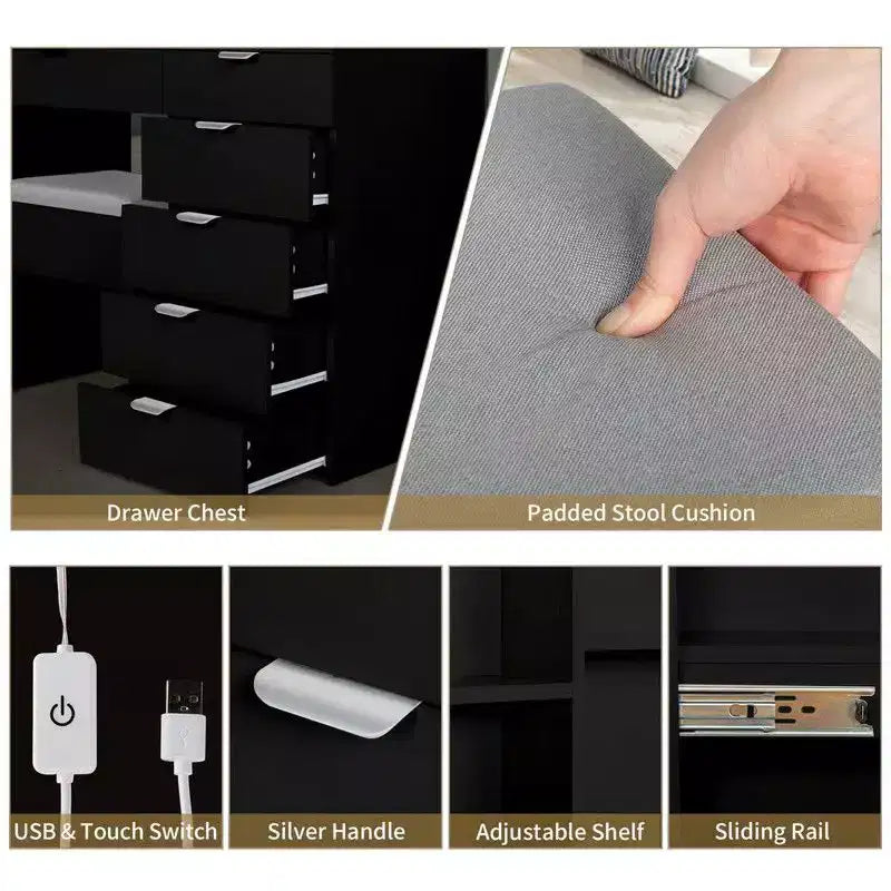 Zwarte gelamineerde spaanplaat met gestructureerde melamine, spiegelkast met 7 laden, 2 planken en kaptafelset