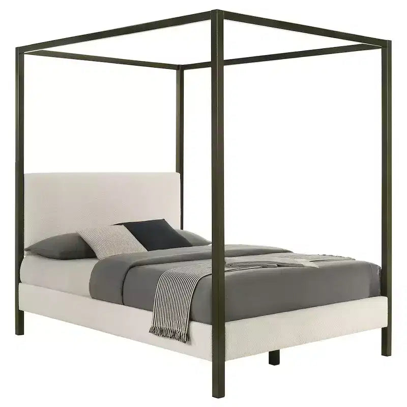 Letto a baldacchino Monroe Queen imbottito, Vanilla, Struttura in legno con elegante design a baldacchino