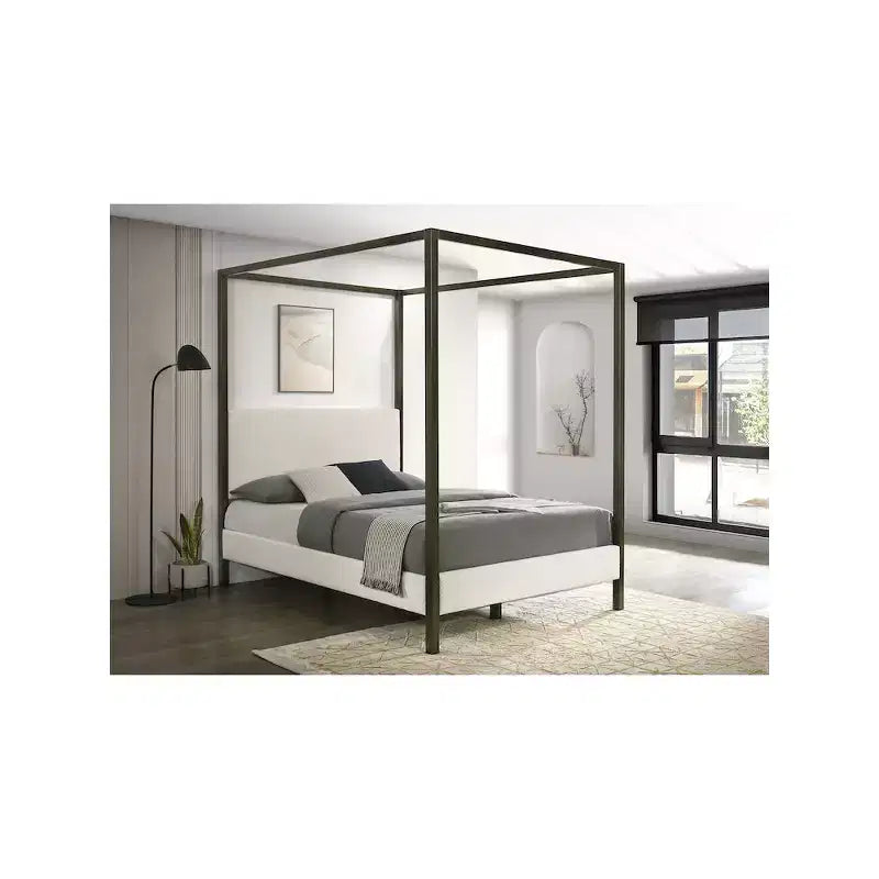 Letto a baldacchino Monroe Queen imbottito, Vanilla, Struttura in legno con elegante design a baldacchino