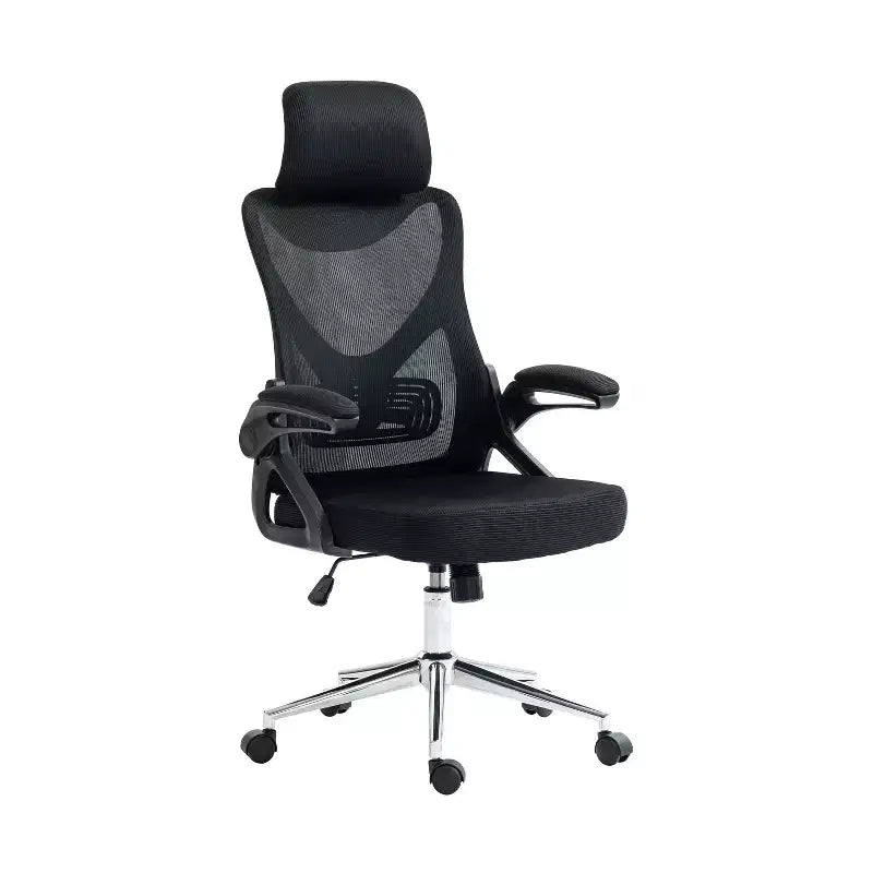 Sedia da ufficio ergonomica in rete con poggiatesta e supporto lombare, design a incrocio, base cromata, nera